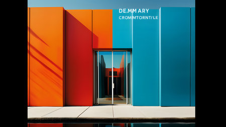Modern office building with blue and orange glass door. 3d renderingの素材