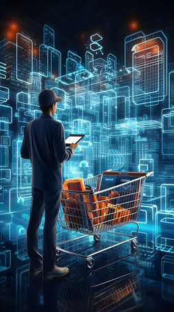 Digital composite of Man with tablet and shopping cart with hologram interfaceの素材