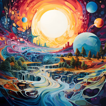 Fantasy scenery. Landscape with trees, lake, mountains and moon. illustrationの素材