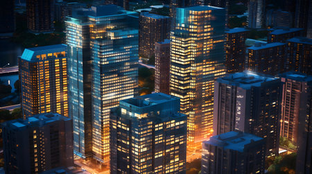 Night view of a modern city with skyscrapers and buildings.の素材