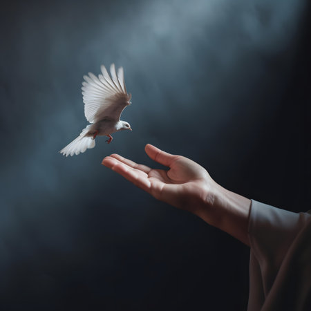 Hand holding a white dove on a dark background. Concept of peace and love.の素材