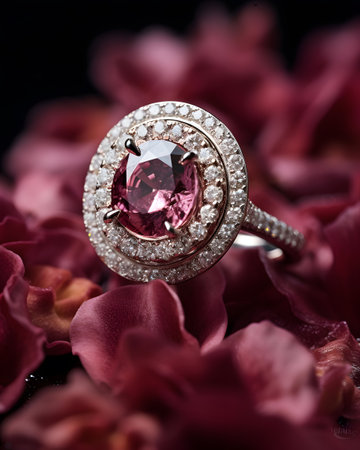 Jewelry ring with pink ruby and rose petals on black backgroundの素材