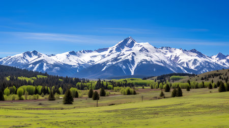 Alpine meadow and snow-capped mountains under blue skyの素材