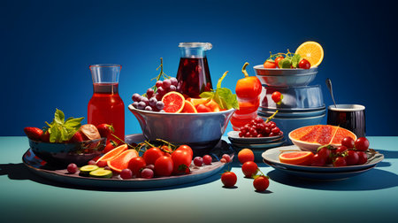 Fresh fruits and berries on blue background. Healthy food concept. 3d renderingの素材