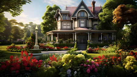 3D render of a beautiful house in a garden with flowers.の素材