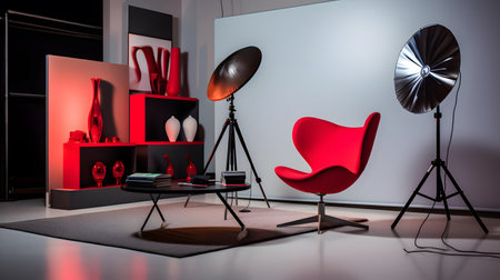 Interior of modern photo studio with red armchair. 3d renderingの素材