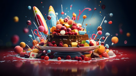 Birthday cake with colorful candies and confetti on dark backgroundの素材