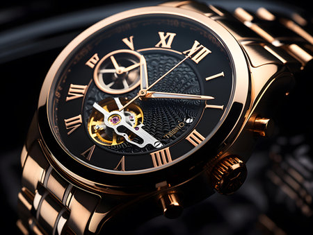 Wristwatch with gold dial on black background. Closeup.の素材