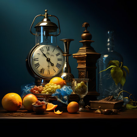 Still life with antique clock, books, fruits and smoke on a dark backgroundの素材