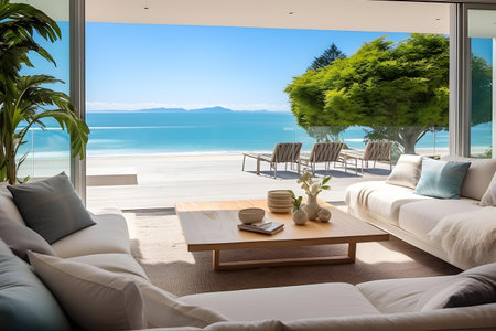 Luxury living room with sea view, sofa and coffee tableの素材