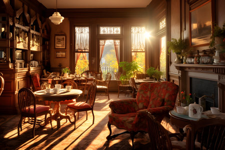 Luxury interior of a restaurant in the rays of the setting sunの素材