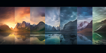 Mountain landscape. Collage of photos with mountains and lake.の素材