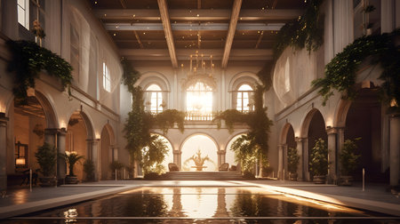 Interior of a beautiful hall with a fountain and a large windowの素材