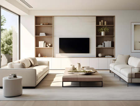 Interior of modern living room with white walls, wooden floor, beige sofa standing near coffee table and bookcase. 3d renderingの素材