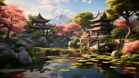 japanese garden with cherry blossom - 3d render illustrationの素材