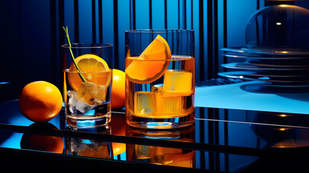 Glasses of alcoholic cocktails with ice cubes, orange and lemon on blue backgroundの素材