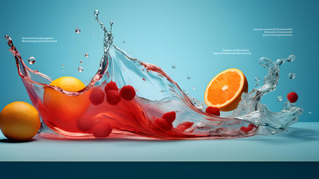 Fruit splashing out of the water. 3d rendering.の素材