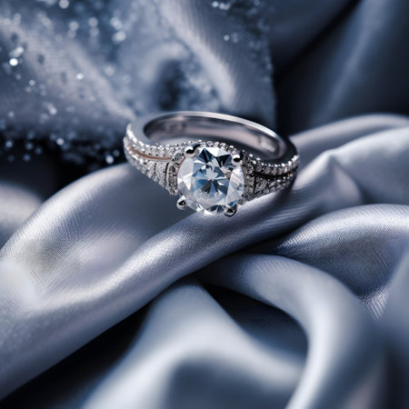 Wedding ring on a background of blue satin fabric.の素材