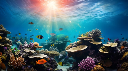 Underwater world with corals and tropical fish. 3d renderingの素材