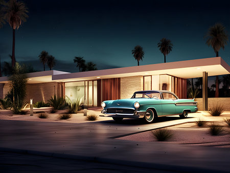 3D rendering of a classic american car in front of a modern houseの素材