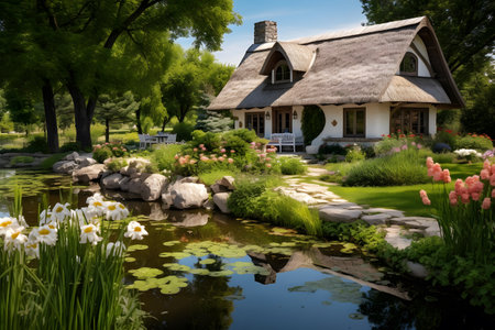 Beautiful spring garden with pond, house, trees and flowers.の素材