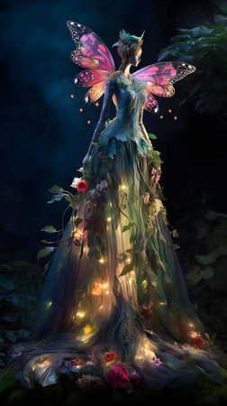 Fantasy fairy tale scene with a beautiful girl in a fairy costumeの素材