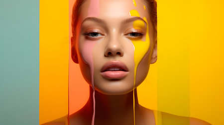 Fashion portrait of beautiful young woman with creative make-up and hairstyle. Yellow and orange background.の素材