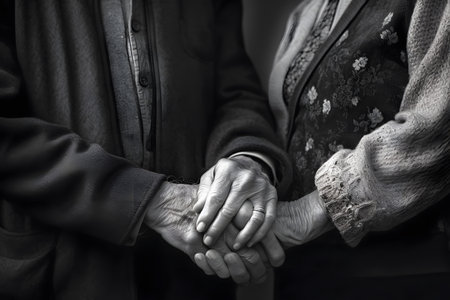 Elderly couple holding hands. Black and white image. Selective focus.の素材
