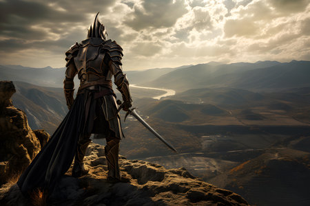 Knight in the mountains with a sword in his hand. 3d renderingの素材