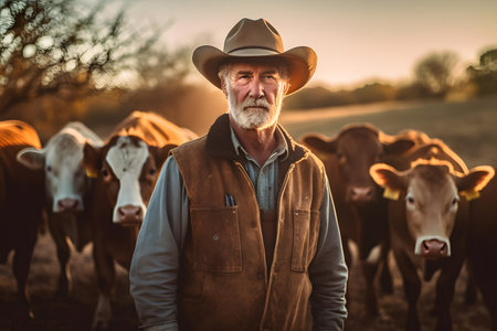 Senior man in cowboy hat standing next to herd of cows on farmの素材