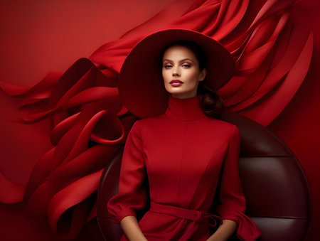 Fashion portrait of elegant woman in red dress and hat. Perfect makeup. Beauty, fashion.の素材
