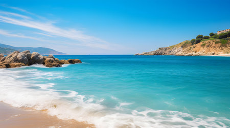 Beautiful sandy beach with turquoise sea water and blue skyの素材