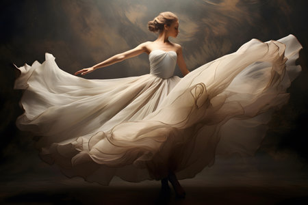 Beautiful woman in a white wedding dress dancing on a dark backgroundの素材