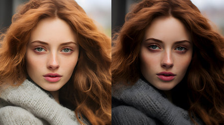 Collage of beautiful redhead girl in sweater and scarf looking at cameraの素材