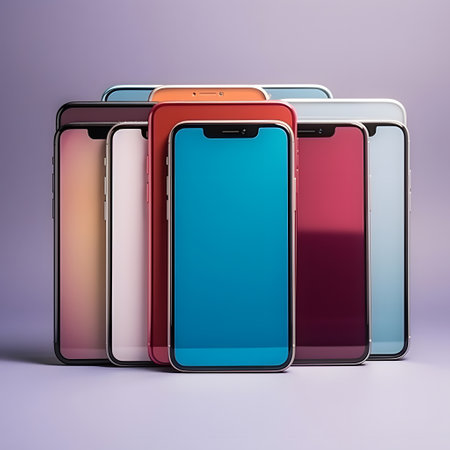 Smartphones with blank screens on a purple background. 3d renderingの素材