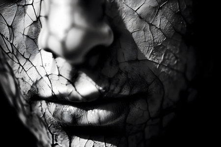 Close up of a woman's face with black and white makeup.の素材