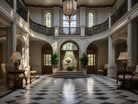 Luxury interior of a classic mansion with columns, walls and floor.の素材