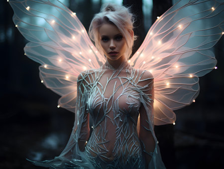 3d rendering of a beautiful fairy girl with white wings on a dark forest backgroundの素材