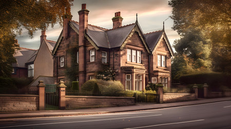 Digital composite of Old house with road and trees in the foreground.の素材