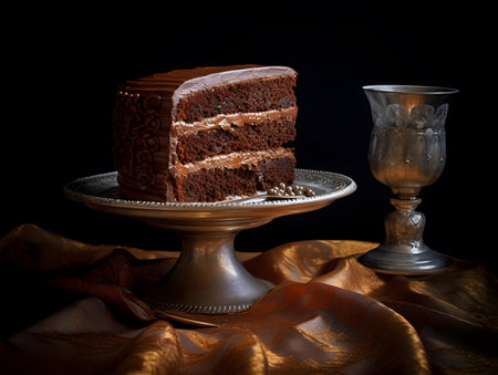 Chocolate cake with icing and a cup of tea on a black backgroundの素材