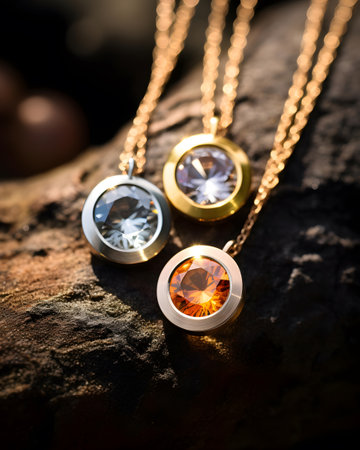 Pendant with precious stones on a natural background. Selective focus.の素材