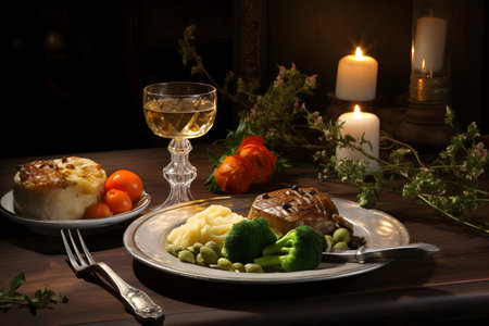 Baked pork with mashed potatoes and vegetables on a wooden table.の素材