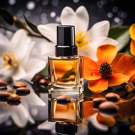 Bottle of perfume on a dark background with flowers. Selective focus.の素材