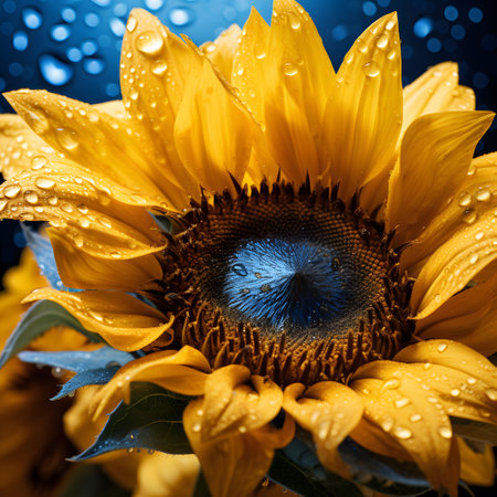 Beautiful yellow sunflower with water drops on dark blue background.の素材