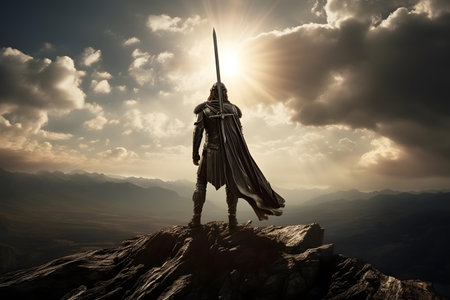 Medieval knight on the top of a mountain. 3D renderingの素材