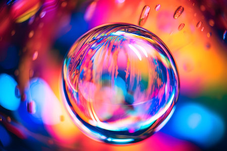 Colorful abstract background with water drops on glass sphere. Close-up.の素材