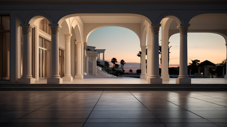Balcony with arches at sunset. 3D rendering.の素材