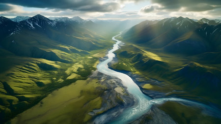 Aerial view of mountain landscape with river in the valley. 3D renderingの素材