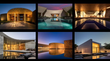 Collage of modern architecture at night. Collage of modern architecture.の素材