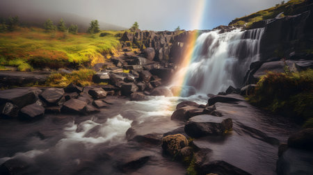 Long exposure of a waterfall in the Scottish Highlands with a rainbow.の素材